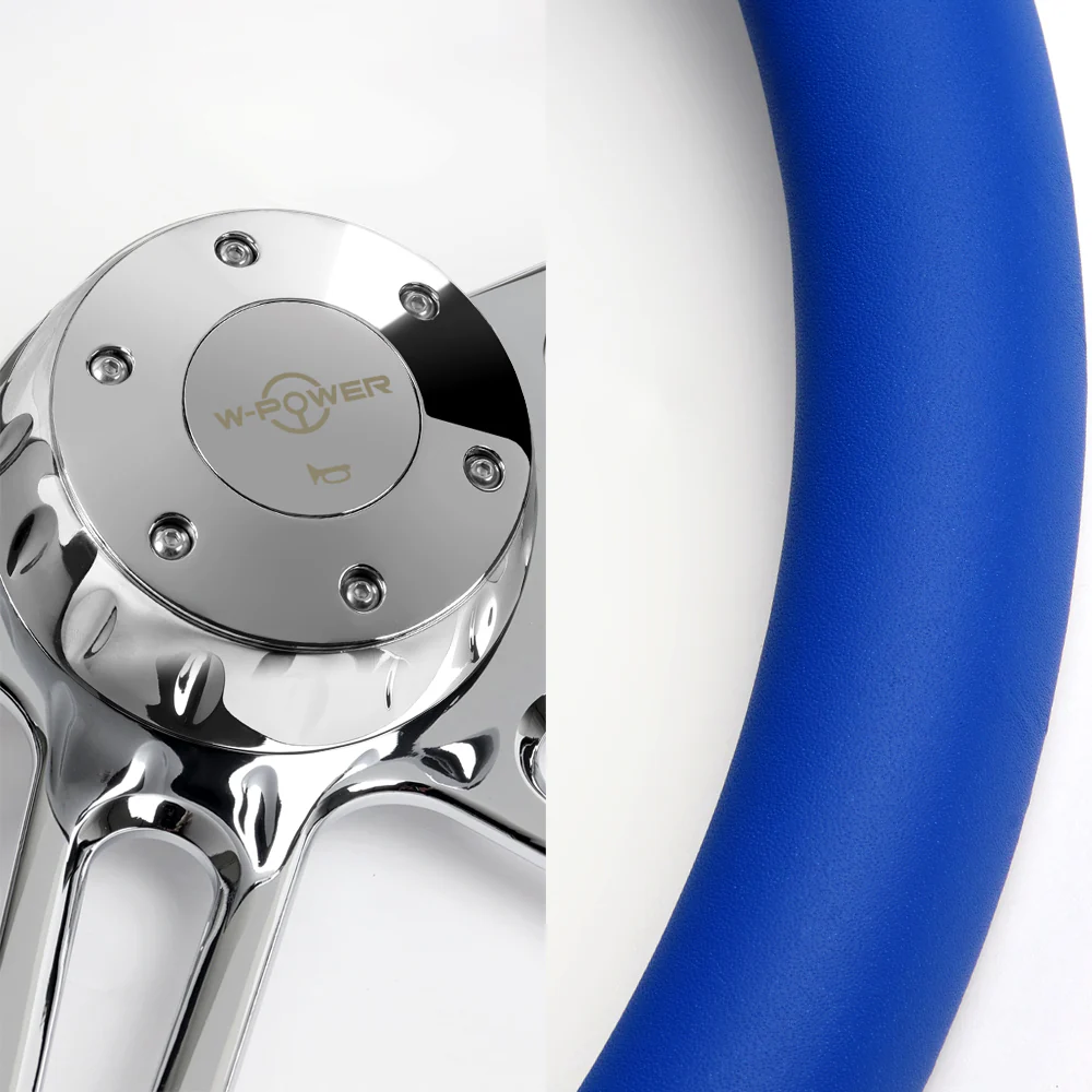 W-Power 18" 457mm 5-Bolt Hole With Aluminum Finished 4-Spoke Half Wrap Steering Wheel -Blue Leather Grip/Chrome Center Spoke - Image 2