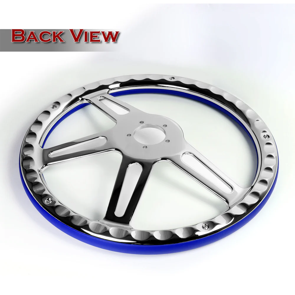 W-Power 18" 457mm 5-Bolt Hole With Aluminum Finished 4-Spoke Half Wrap Steering Wheel -Blue Leather Grip/Chrome Center Spoke - Image 3