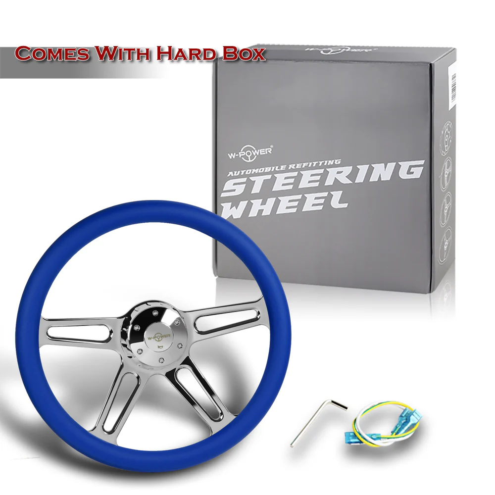 W-Power 18" 457mm 5-Bolt Hole With Aluminum Finished 4-Spoke Half Wrap Steering Wheel -Blue Leather Grip/Chrome Center Spoke - Image 6