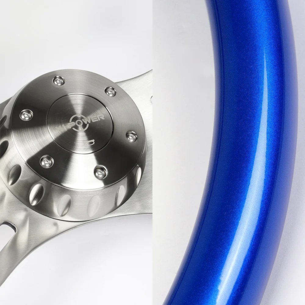 W-Power 18" 457mm 5-Bolt Hole With Aluminum Finished 4-Spoke Steering Wheel -Blue Wood Grip/Billet Center Spoke - Image 2