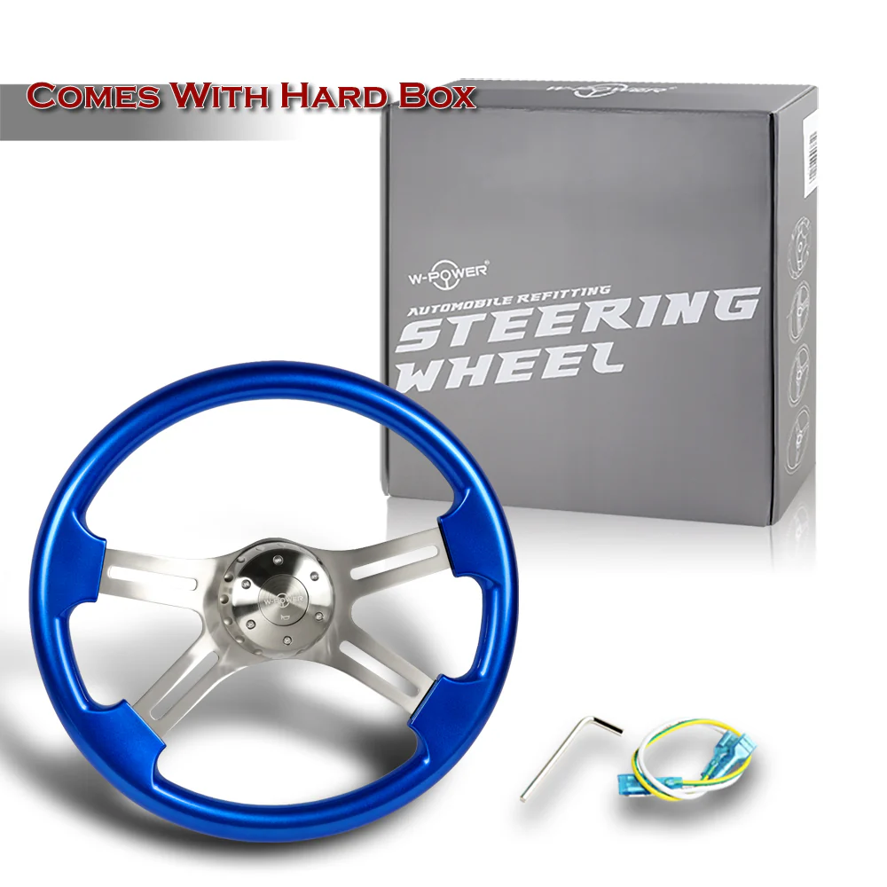 W-Power 18" 457mm 5-Bolt Hole With Aluminum Finished 4-Spoke Steering Wheel -Blue Wood Grip/Billet Center Spoke - Image 6