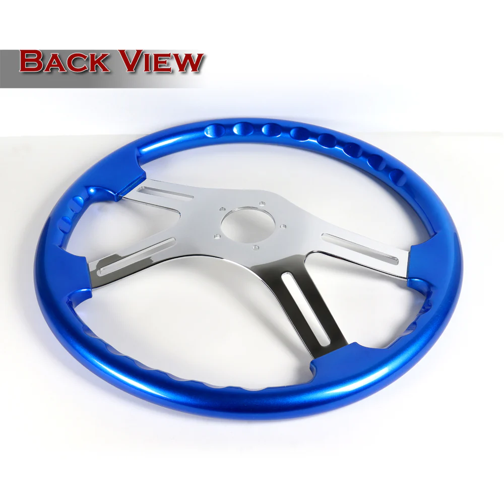 W-Power 18" 457mm 5-Bolt Hole With Aluminum Finished 4-Spoke Steering Wheel -Blue Wood Grip/Chrome Center Spoke - Image 3