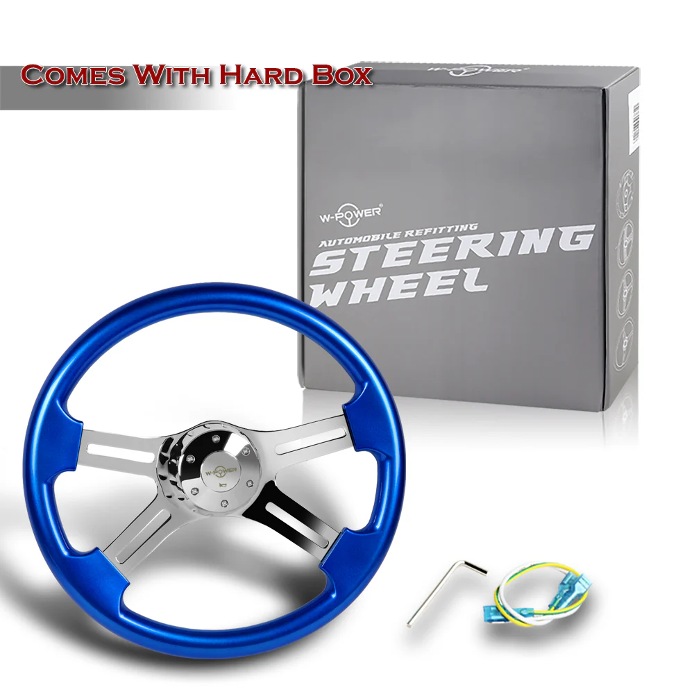 W-Power 18" 457mm 5-Bolt Hole With Aluminum Finished 4-Spoke Steering Wheel -Blue Wood Grip/Chrome Center Spoke - Image 6