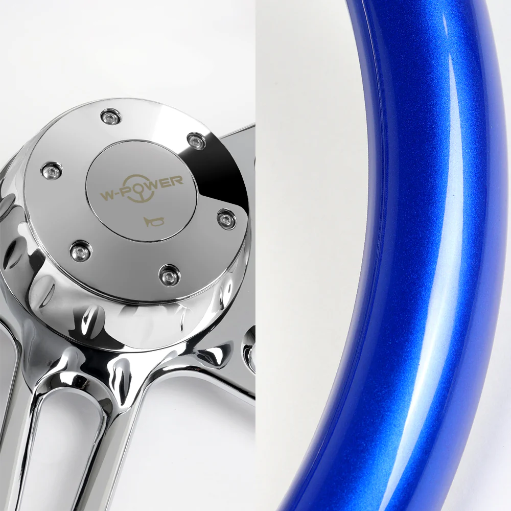 W-Power 18" 457mm 5-Bolt Hole With Aluminum Finished 4-Spoke Half Wrap Steering Wheel -Blue Wood Grip/Chrome Center Spoke - Image 2