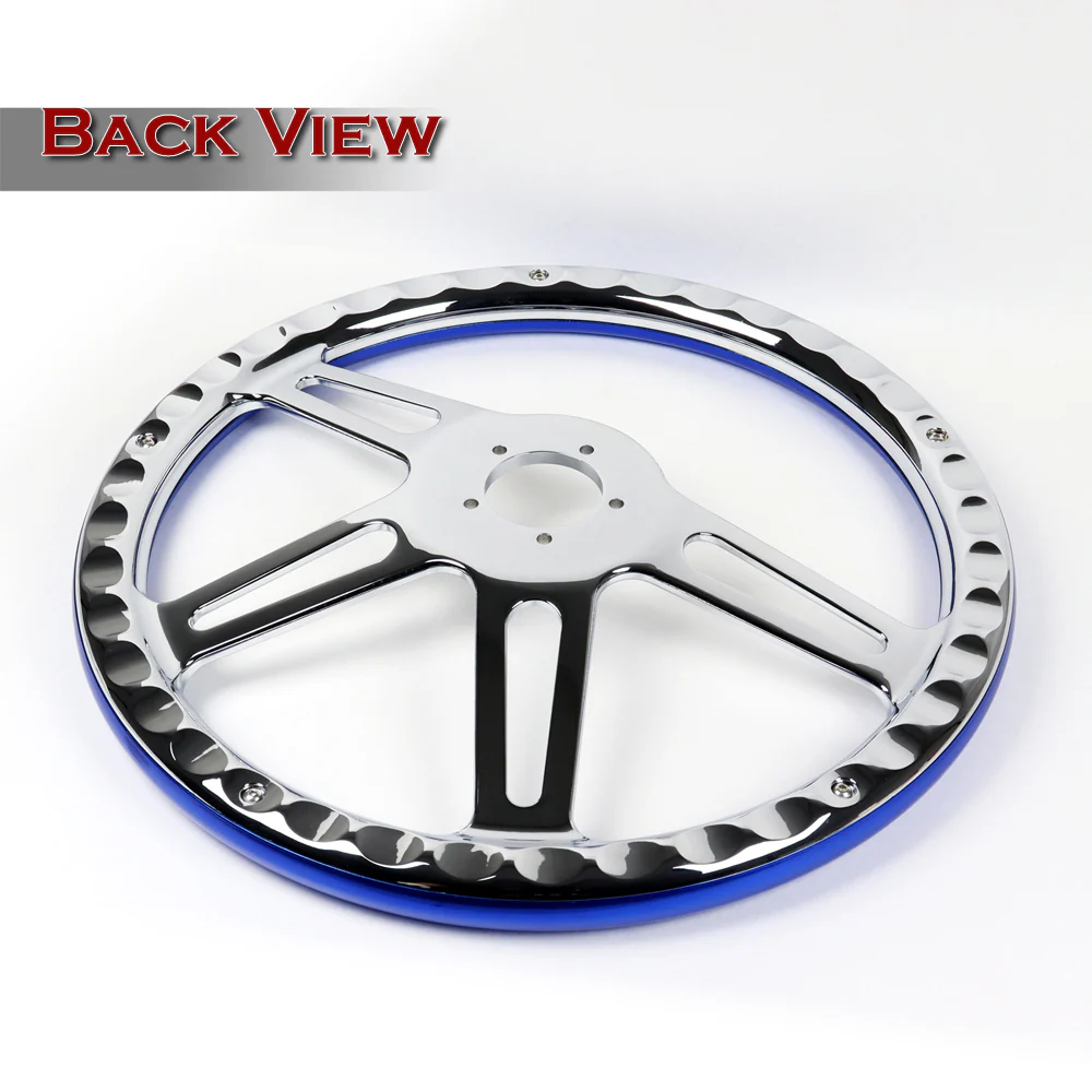 W-Power 18" 457mm 5-Bolt Hole With Aluminum Finished 4-Spoke Half Wrap Steering Wheel -Blue Wood Grip/Chrome Center Spoke - Image 3