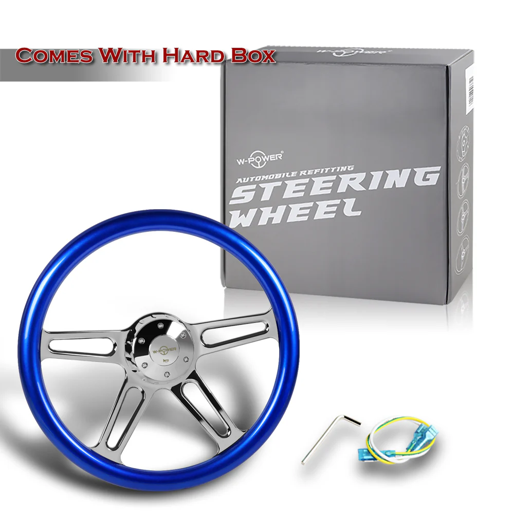 W-Power 18" 457mm 5-Bolt Hole With Aluminum Finished 4-Spoke Half Wrap Steering Wheel -Blue Wood Grip/Chrome Center Spoke - Image 6