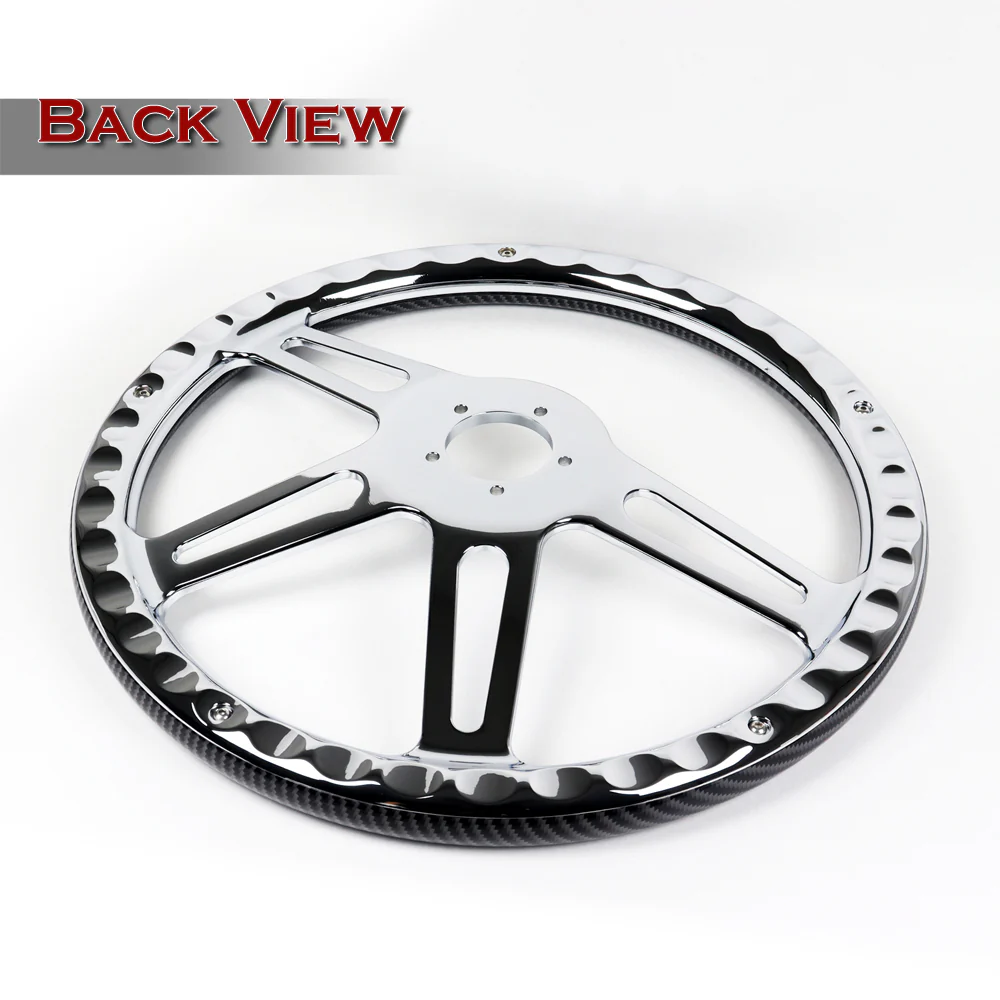 W-Power 18" 457mm 5-Bolt Hole With Aluminum Finished 4-Spoke Half Wrap Steering Wheel -Carbon Fiber Painted Grip/Chrome Center Spoke - Image 3