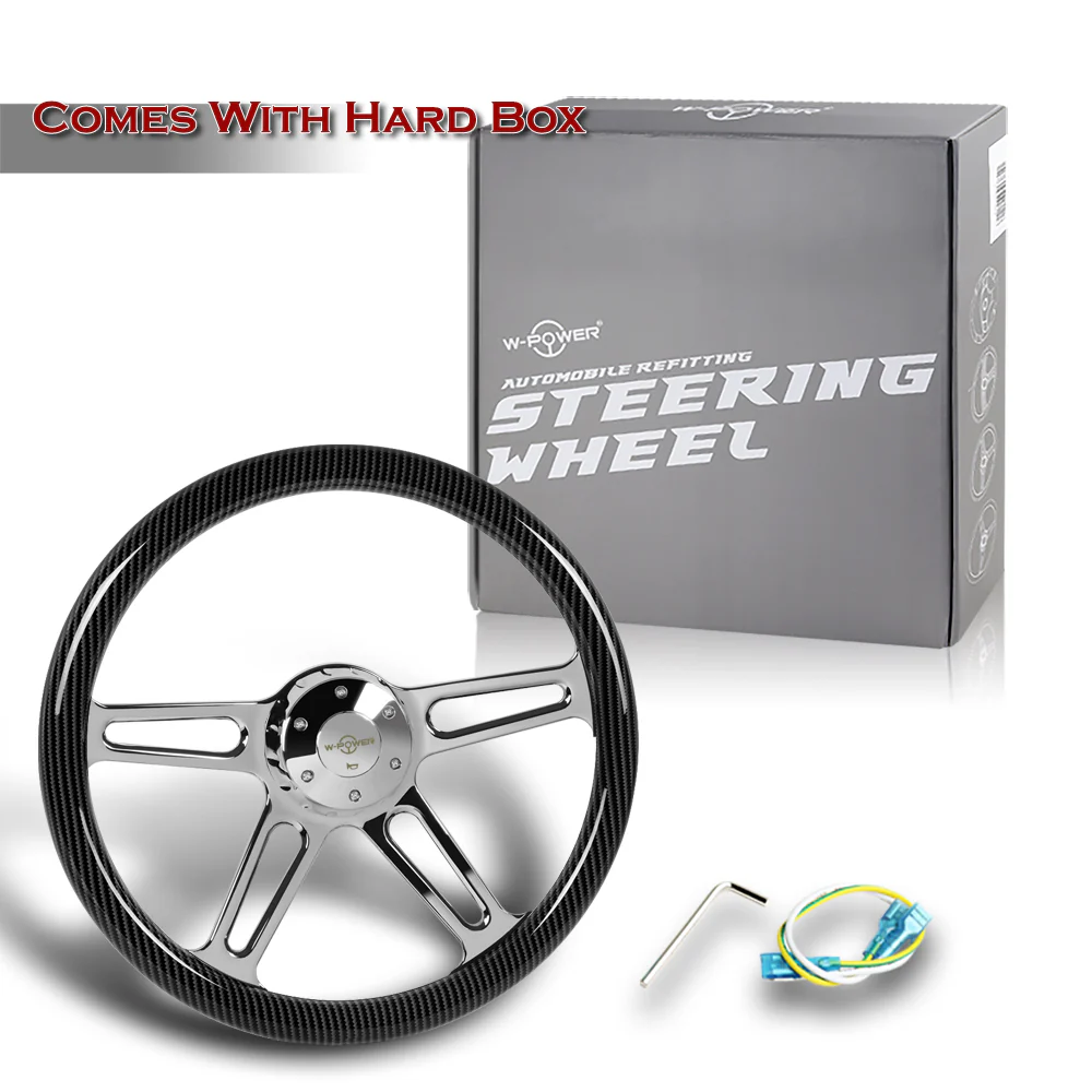 W-Power 18" 457mm 5-Bolt Hole With Aluminum Finished 4-Spoke Half Wrap Steering Wheel -Carbon Fiber Painted Grip/Chrome Center Spoke - Image 5