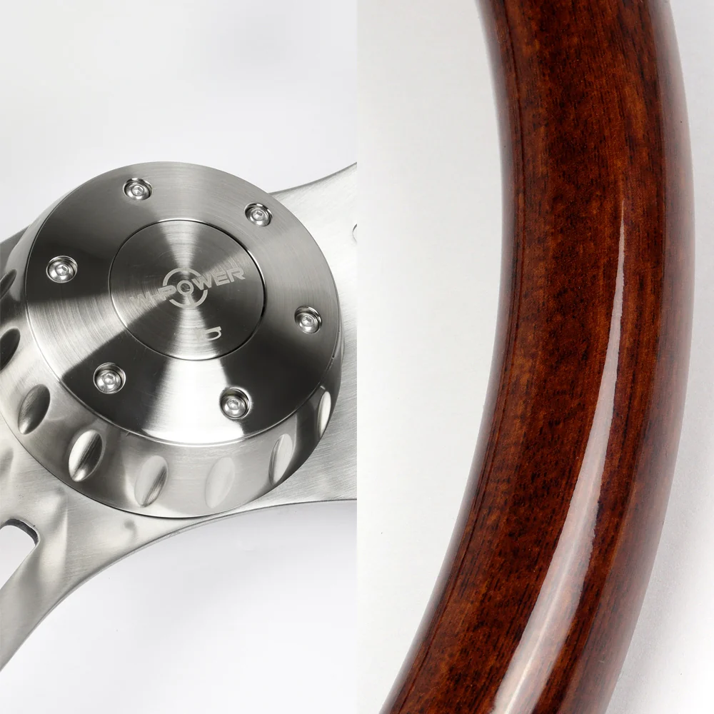 W-Power 18" 457mm 5-Bolt Hole With Aluminum Finished 4-Spoke Steering Wheel -Dark Wood Grip/Billet Center Spoke - Image 2