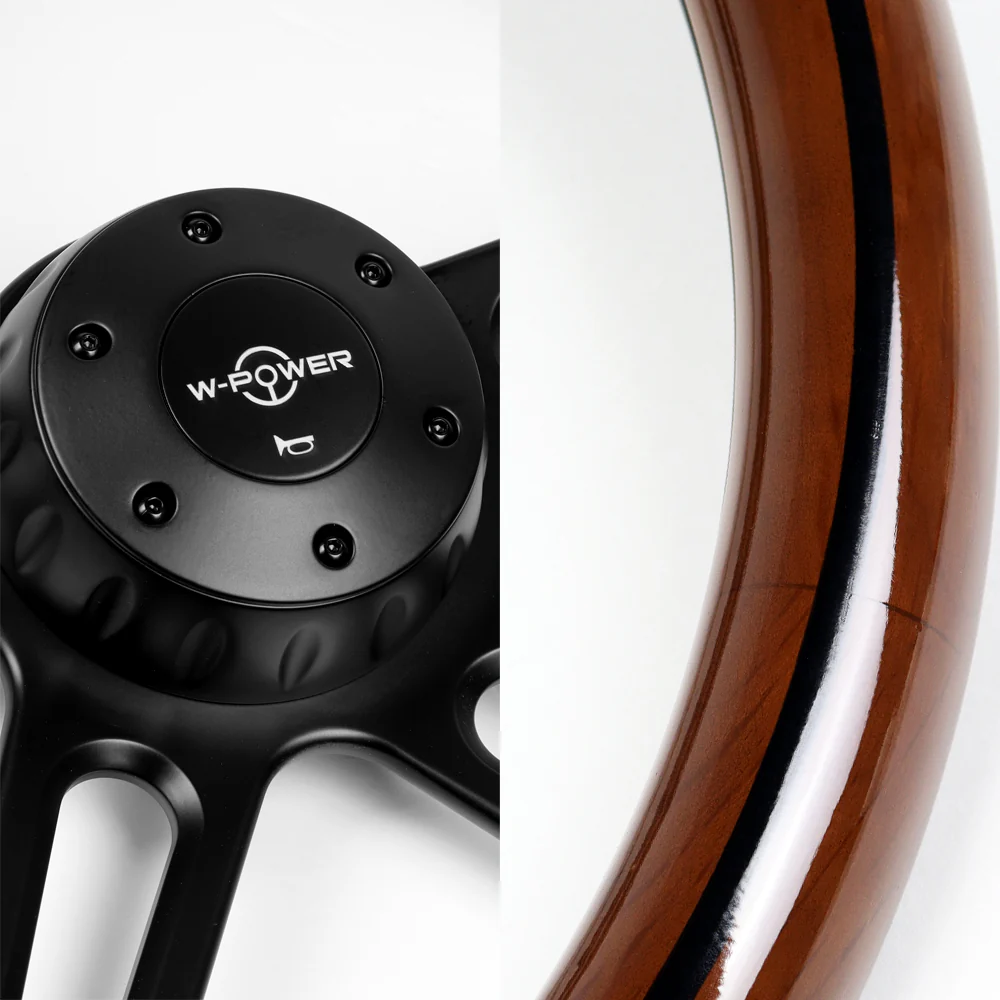 W-Power 18" 457mm 5-Bolt Hole With Aluminum Finished 4-Spoke Half Wrap Steering Wheel -Dark Wood Grip/Black Center Spoke - Image 2