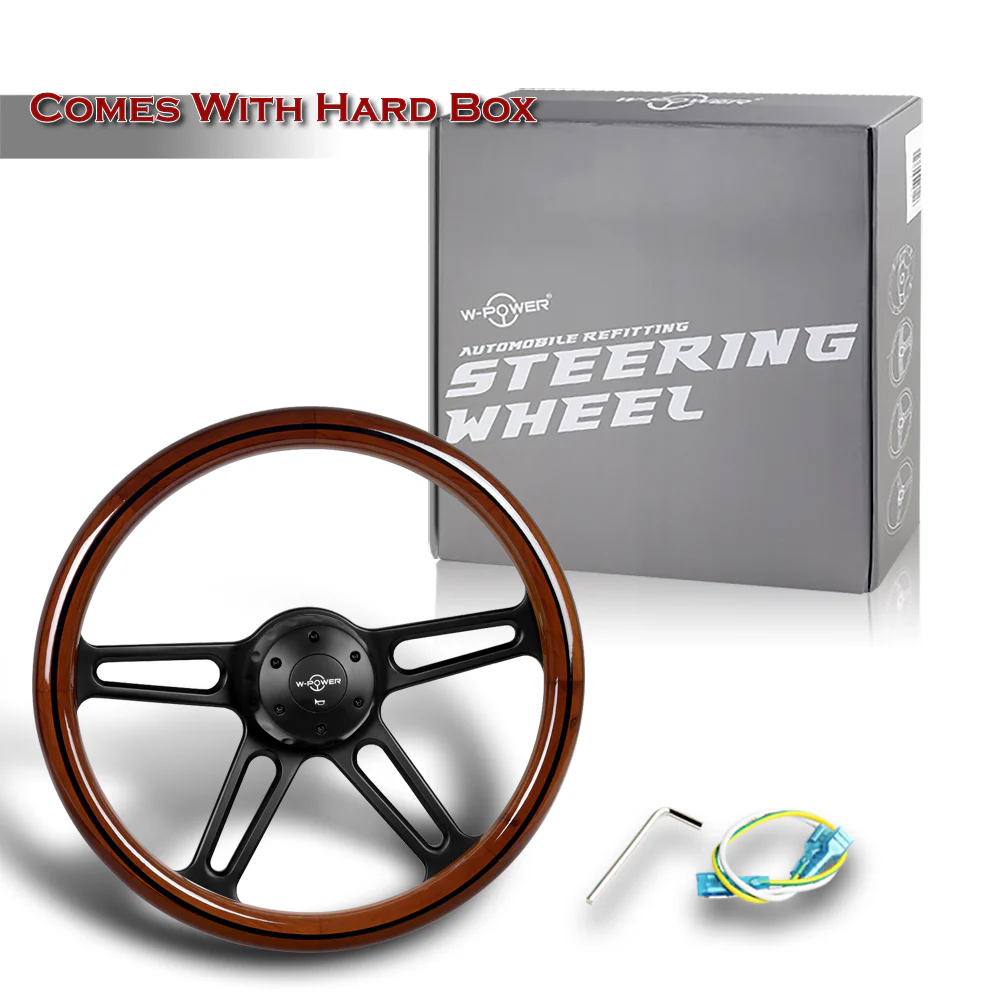 W-Power 18" 457mm 5-Bolt Hole With Aluminum Finished 4-Spoke Half Wrap Steering Wheel -Dark Wood Grip/Black Center Spoke - Image 6