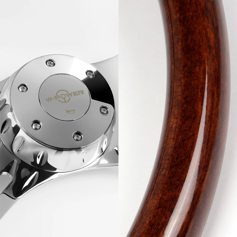 W-Power 18" 457mm 5-Bolt Hole With Aluminum Finished 4-Spoke Steering Wheel -Dark Wood Grip/Chrome Center Spoke - Image 2