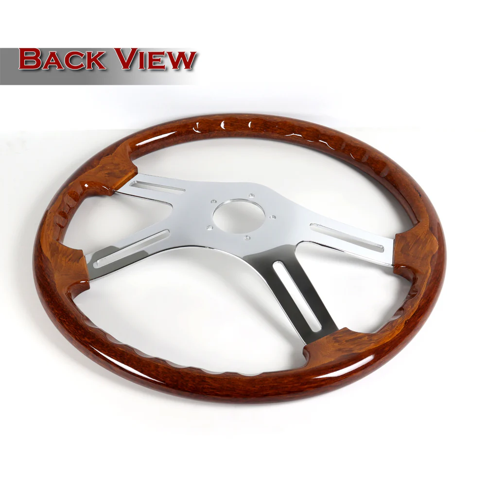 W-Power 18" 457mm 5-Bolt Hole With Aluminum Finished 4-Spoke Steering Wheel -Dark Wood Grip/Chrome Center Spoke - Image 3
