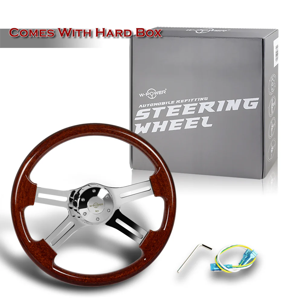 W-Power 18" 457mm 5-Bolt Hole With Aluminum Finished 4-Spoke Steering Wheel -Dark Wood Grip/Chrome Center Spoke - Image 6