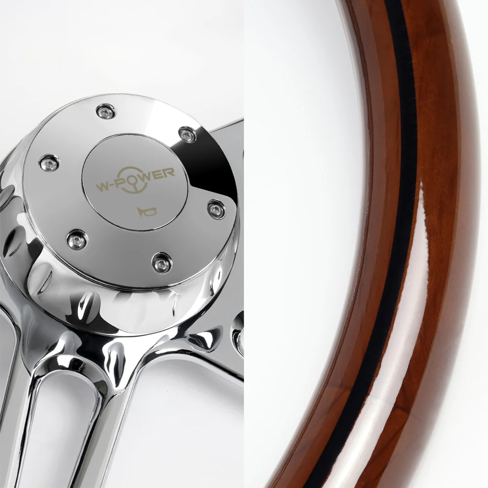W-Power 18" 457mm 5-Bolt Hole With Aluminum Finished 4-Spoke Half Wrap Steering Wheel -Dark Wood Grip/Chrome Center Spoke - Image 2