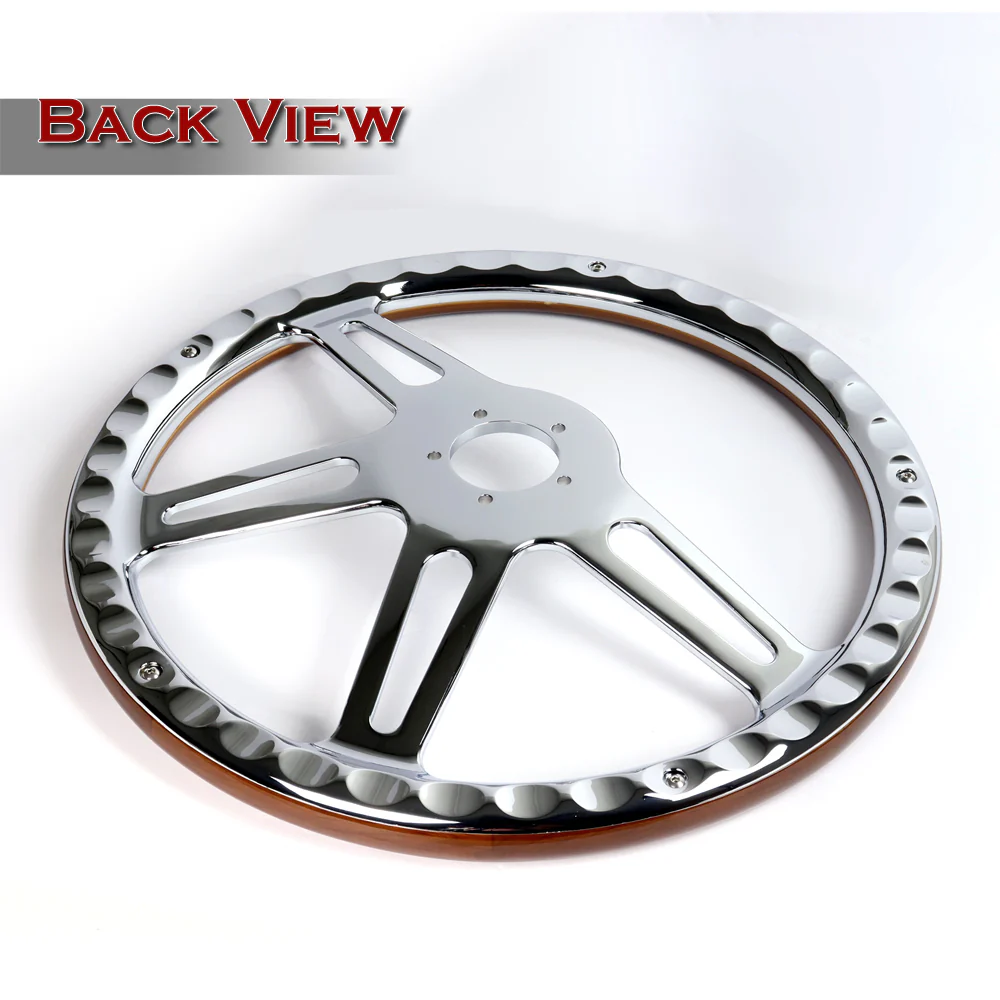 W-Power 18" 457mm 5-Bolt Hole With Aluminum Finished 4-Spoke Half Wrap Steering Wheel -Dark Wood Grip/Chrome Center Spoke - Image 3