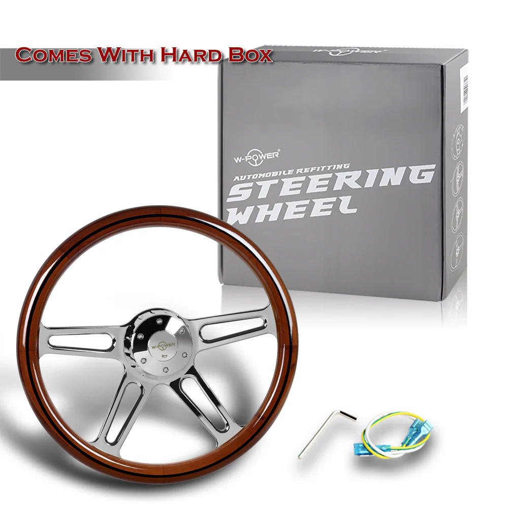 W-Power 18" 457mm 5-Bolt Hole With Aluminum Finished 4-Spoke Half Wrap Steering Wheel -Dark Wood Grip/Chrome Center Spoke - Image 6