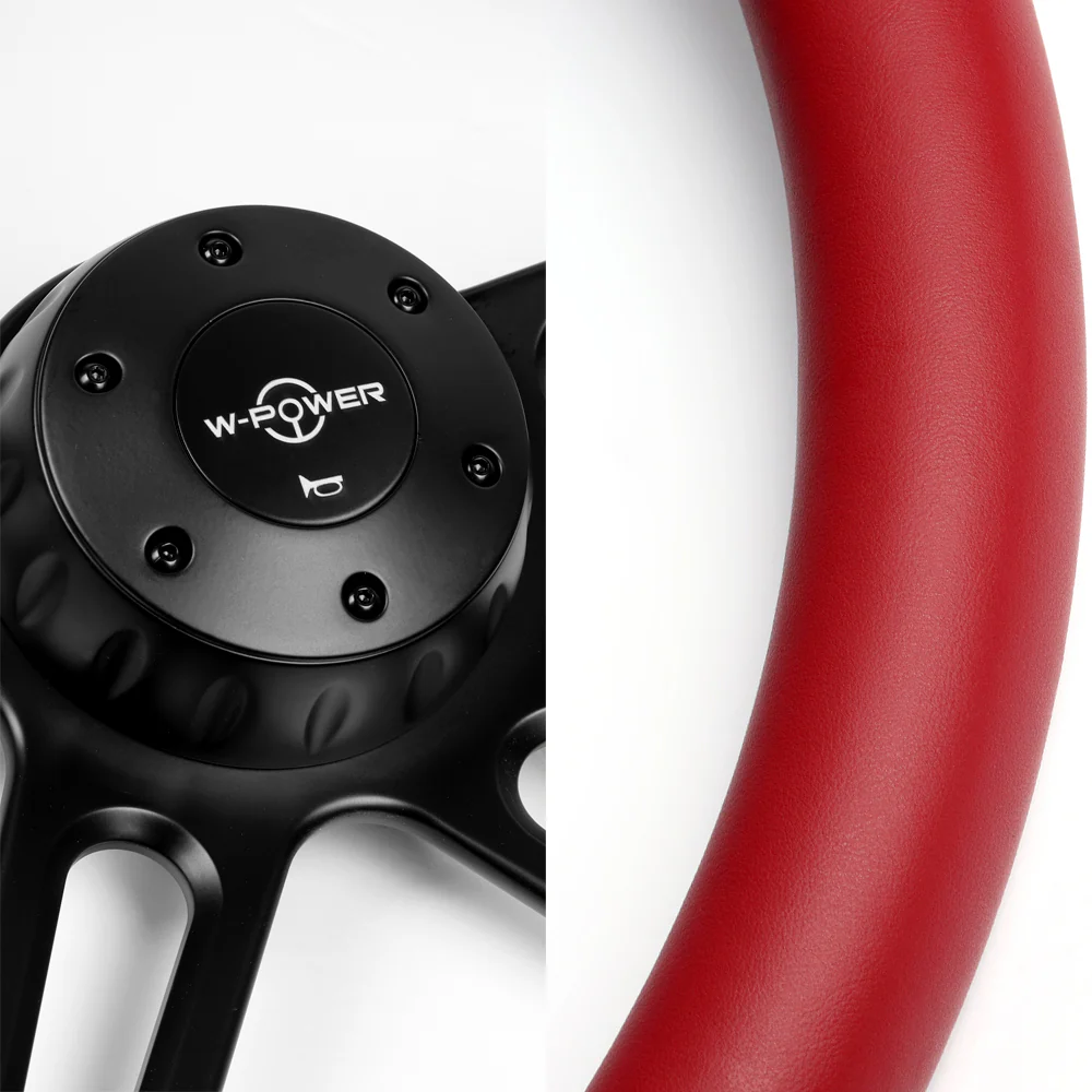 W-Power 18" 457mm 5-Bolt Hole With Aluminum Finished 4-Spoke Half Wrap Steering Wheel -Red Leather Grip/Black Center Spoke - Image 2