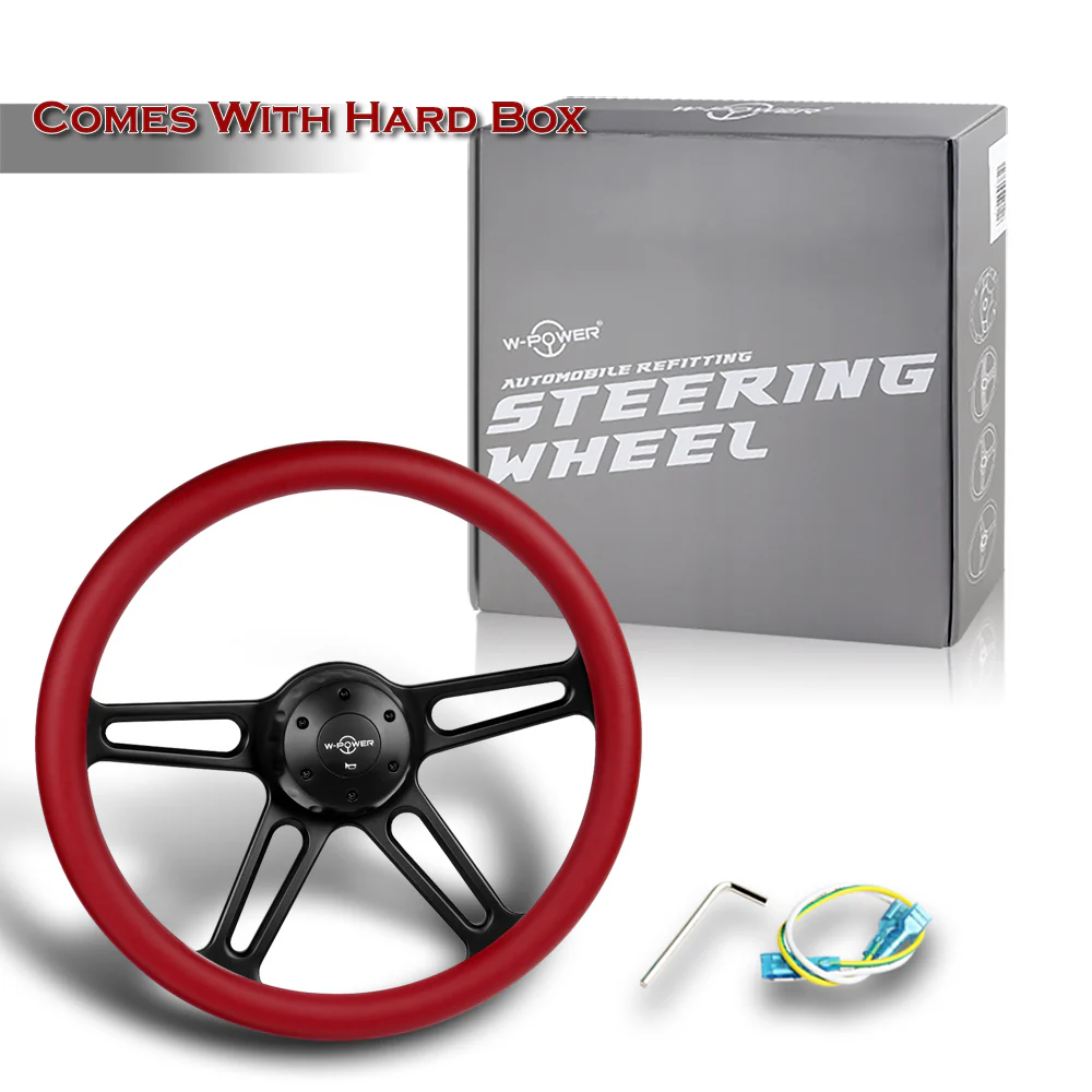 W-Power 18" 457mm 5-Bolt Hole With Aluminum Finished 4-Spoke Half Wrap Steering Wheel -Red Leather Grip/Black Center Spoke - Image 6