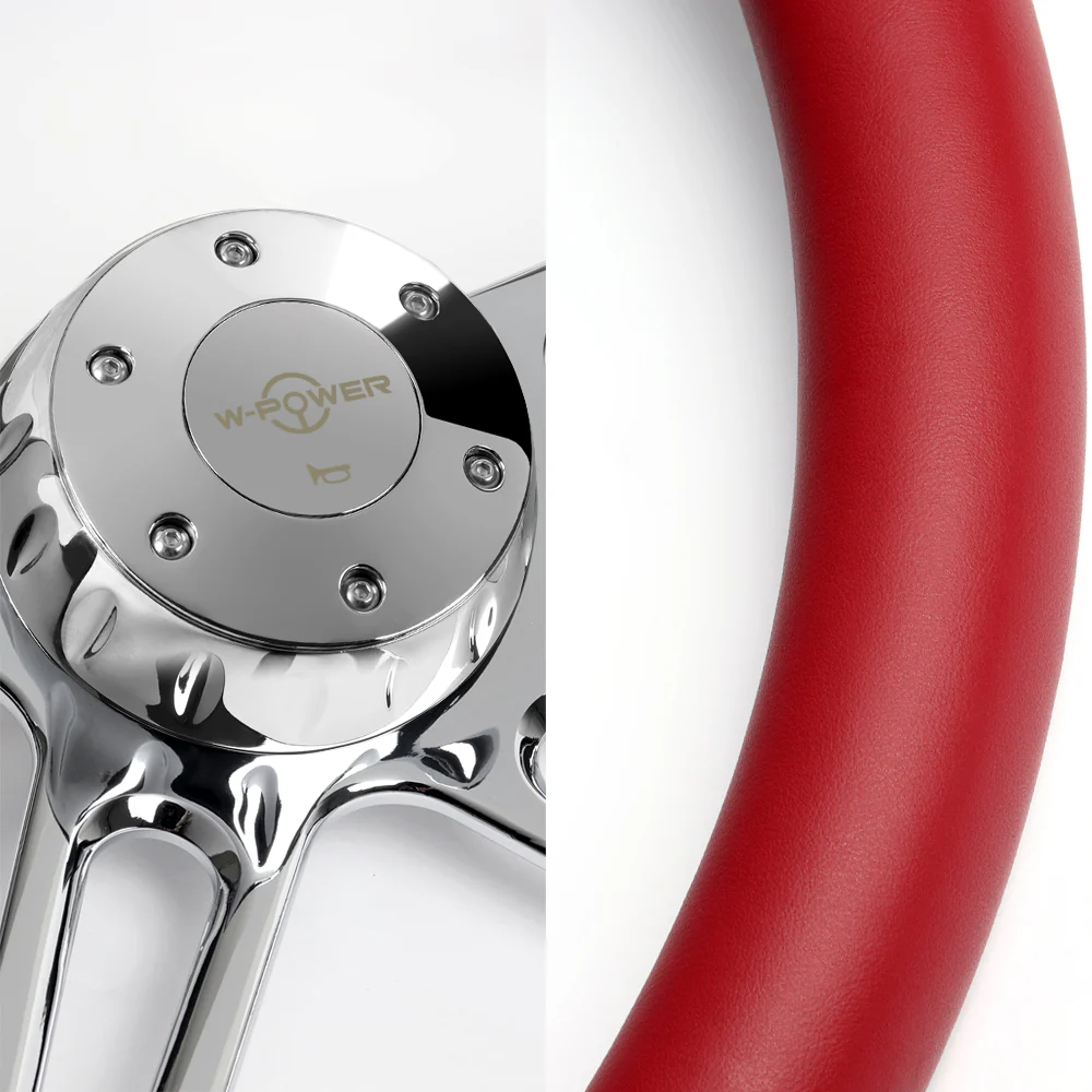 W-Power 18" 457mm 5-Bolt Hole With Aluminum Finished 4-Spoke Half Wrap Steering Wheel -Red Leather Grip/Chrome Center Spoke - Image 2