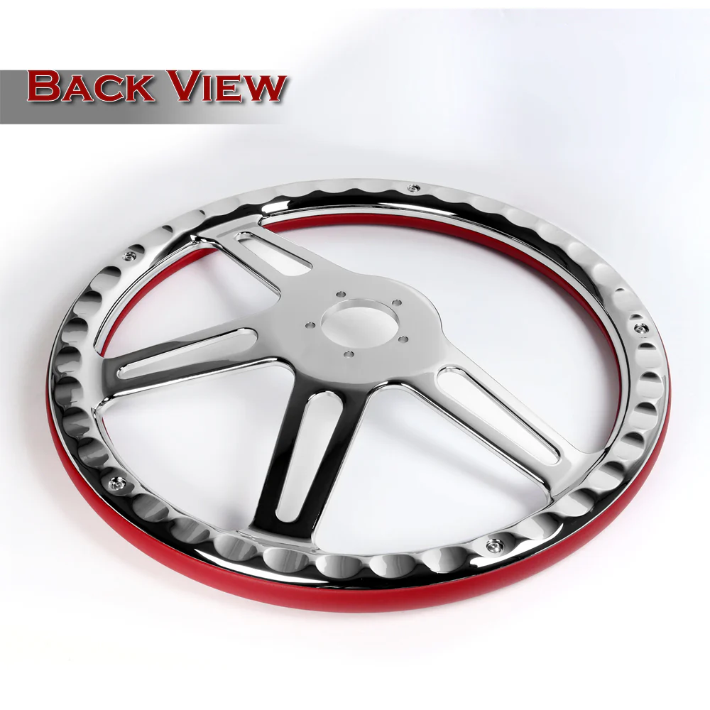 W-Power 18" 457mm 5-Bolt Hole With Aluminum Finished 4-Spoke Half Wrap Steering Wheel -Red Leather Grip/Chrome Center Spoke - Image 3