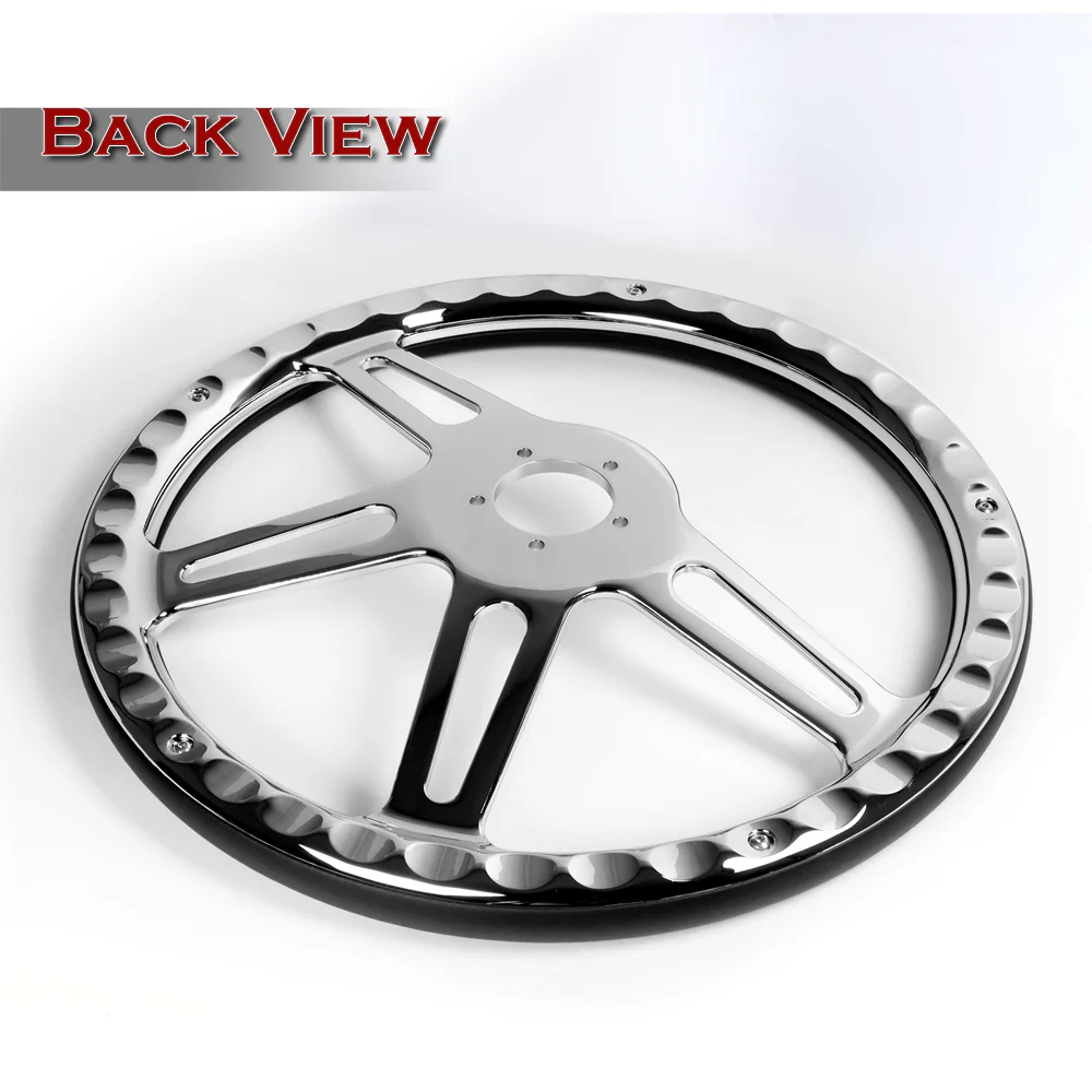 W-Power 18" 457mm 5-Bolt Hole With Aluminum Finished 4-Spoke Half Wrap Steering Wheel -Black Leather Grip/Chrome Center Spoke - Image 3