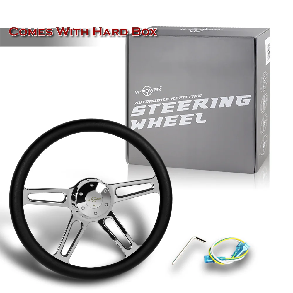 W-Power 18" 457mm 5-Bolt Hole With Aluminum Finished 4-Spoke Half Wrap Steering Wheel -Black Leather Grip/Chrome Center Spoke - Image 6
