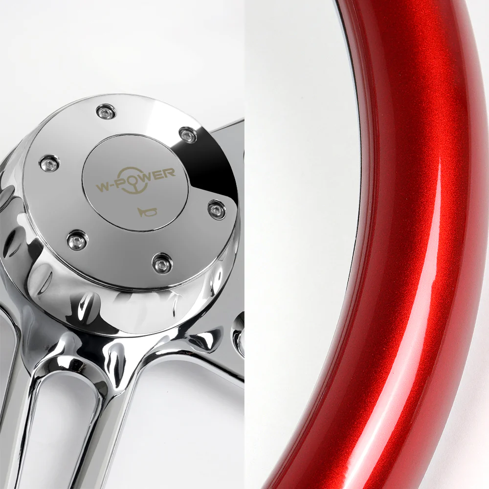 W-Power 18" 457mm 5-Bolt Hole With Aluminum Finished 4-Spoke Half Wrap Steering Wheel -Red Wood Grip/Chrome Center Spoke - Image 2