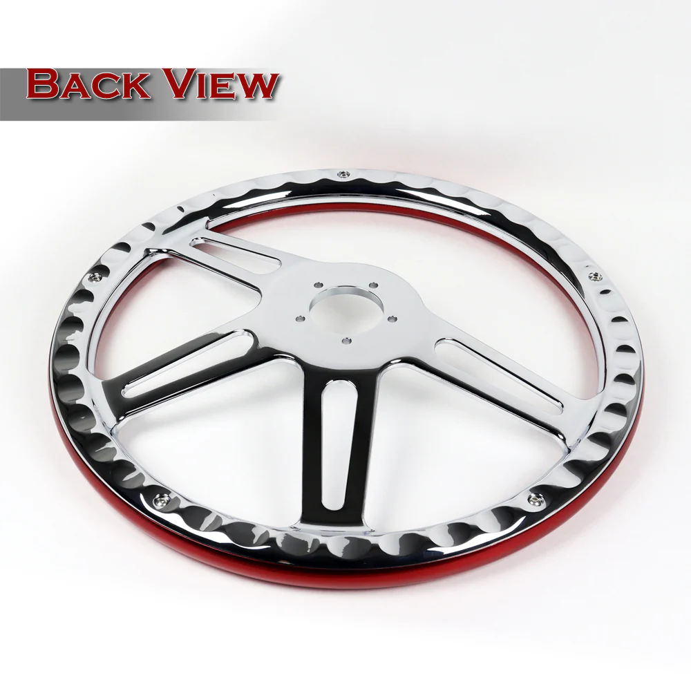 W-Power 18" 457mm 5-Bolt Hole With Aluminum Finished 4-Spoke Half Wrap Steering Wheel -Red Wood Grip/Chrome Center Spoke - Image 3