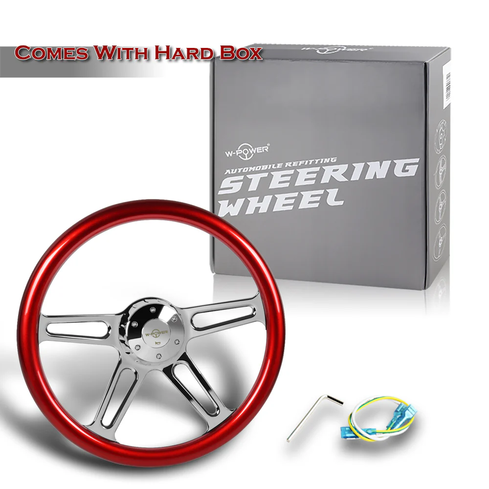 W-Power 18" 457mm 5-Bolt Hole With Aluminum Finished 4-Spoke Half Wrap Steering Wheel -Red Wood Grip/Chrome Center Spoke - Image 6