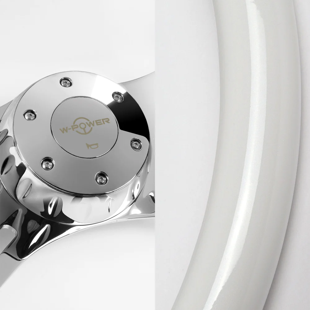 W-Power 18" 457mm 5-Bolt Hole With Aluminum Finished 4-Spoke Steering Wheel -White Wood Grip/Chrome Center Spoke - Image 2