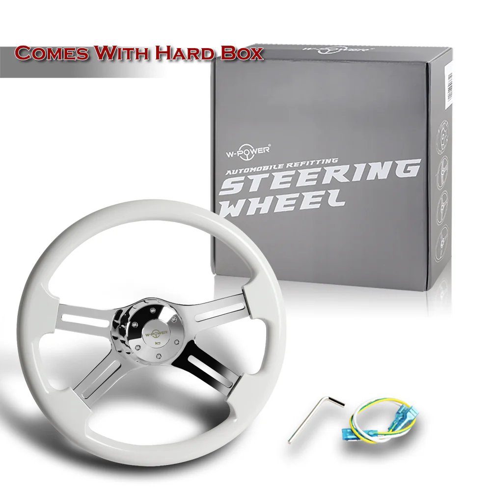 W-Power 18" 457mm 5-Bolt Hole With Aluminum Finished 4-Spoke Steering Wheel -White Wood Grip/Chrome Center Spoke - Image 6