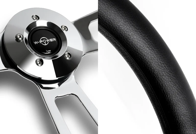 W-Power 18" Black Leather Grip 5-Hole Chrome 3-Spoke Vintage Steering Wheel - Image 2