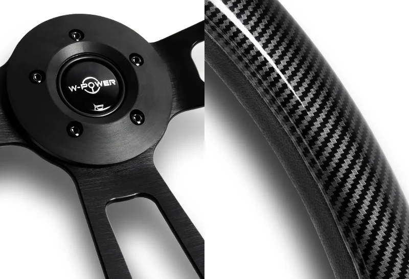 W-Power 18" Carbon Fiber Look Grip 5-Hole Black 3-Spoke Vintage Steering Wheel - Image 2