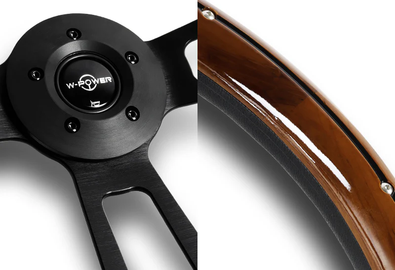 W-Power 18" Dark Wood Grip 5-Hole Aluminum Black 3-Spoke Vintage Steering Wheel - Image 2