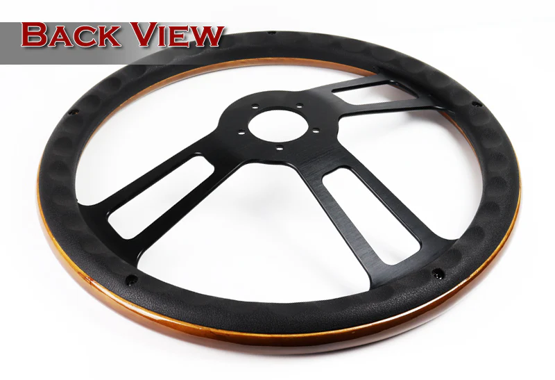 W-Power 18" Dark Wood Grip 5-Hole Aluminum Black 3-Spoke Vintage Steering Wheel - Image 4
