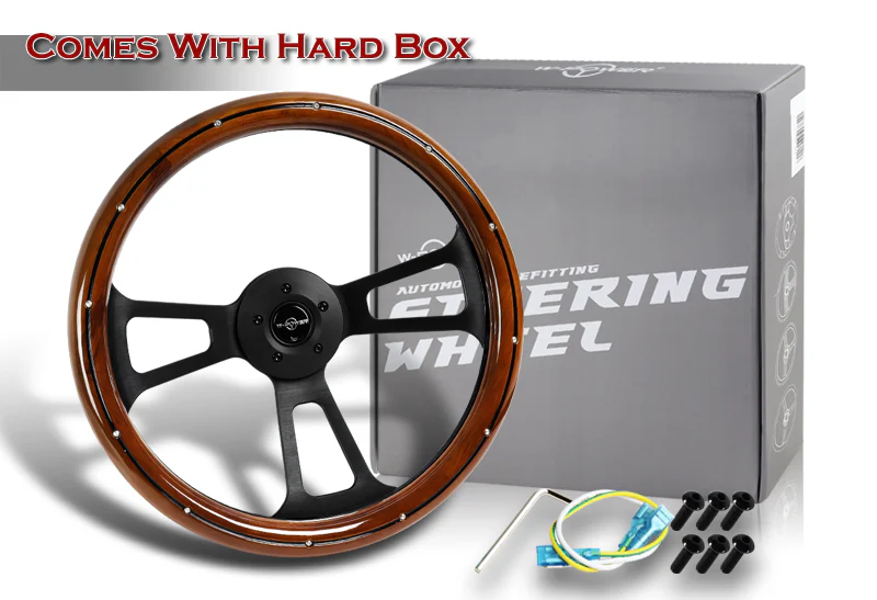 W-Power 18" Dark Wood Grip 5-Hole Aluminum Black 3-Spoke Vintage Steering Wheel - Image 5