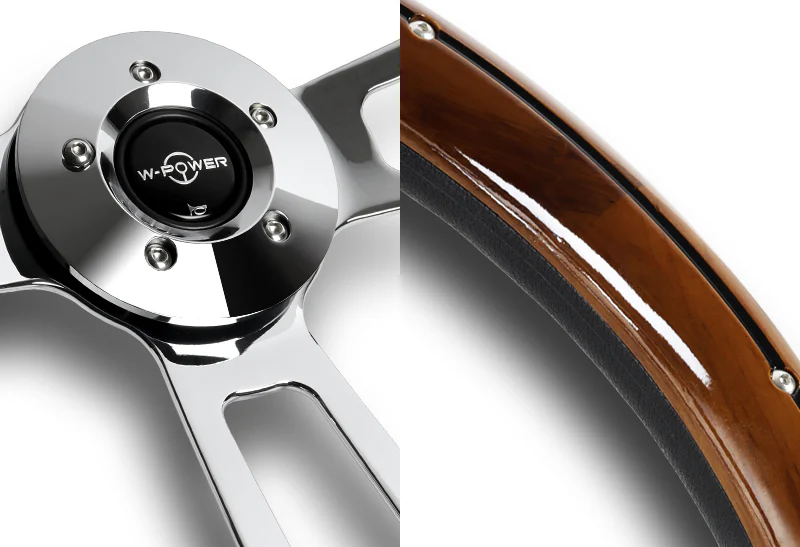 W-Power 18" Dark Wood Grip 5-Hole Aluminum Chrome 3-Spoke Vintage Steering Wheel - Image 2