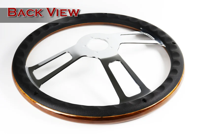 W-Power 18" Dark Wood Grip 5-Hole Aluminum Chrome 3-Spoke Vintage Steering Wheel - Image 4