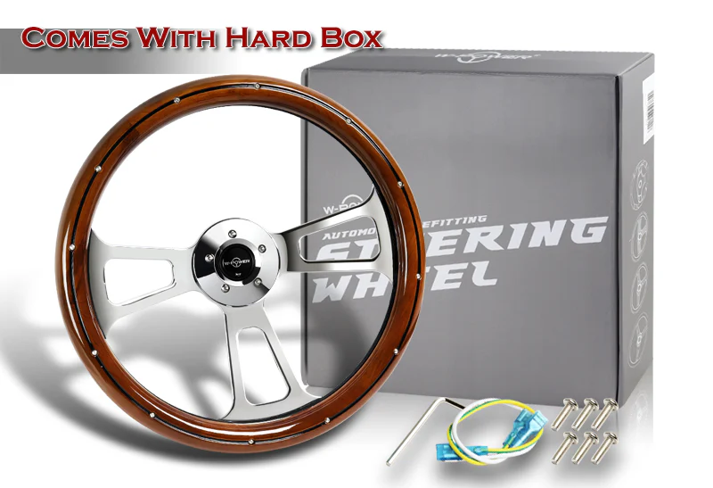 W-Power 18" Dark Wood Grip 5-Hole Aluminum Chrome 3-Spoke Vintage Steering Wheel - Image 5