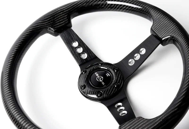 W-Power 13.5" 343mm 6-Bolt Hole JDM Euro VIP Style Real Carbon Fiber With Aluminum Finished 3-Spoke 3 Inches Deep Dish Steering Wheel - Image 3