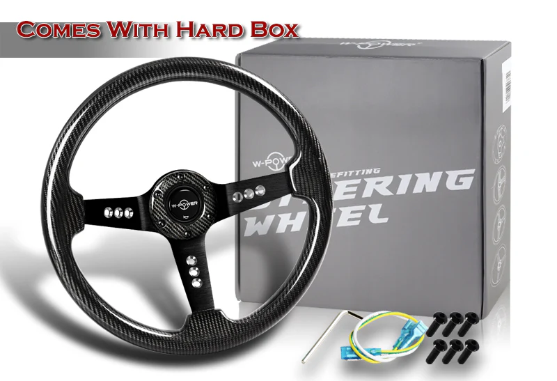 W-Power 13.5" 343mm 6-Bolt Hole JDM Euro VIP Style Real Carbon Fiber With Aluminum Finished 3-Spoke 3 Inches Deep Dish Steering Wheel - Image 5