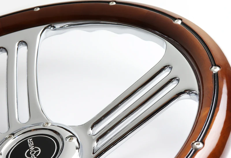 W-Power 350MM 14" Dark Wood Grip 6-Hole Chrome 3-Spoke Vintage Steering Wheel - Image 4