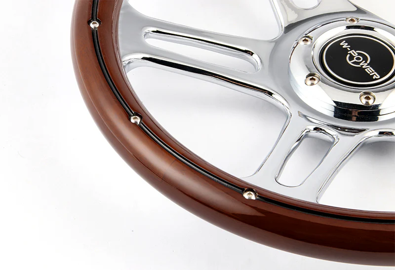 W-Power 350MM 14" Dark Wood Grip 6-Hole Chrome 4-Spoke Vintage Steering Wheel - Image 4