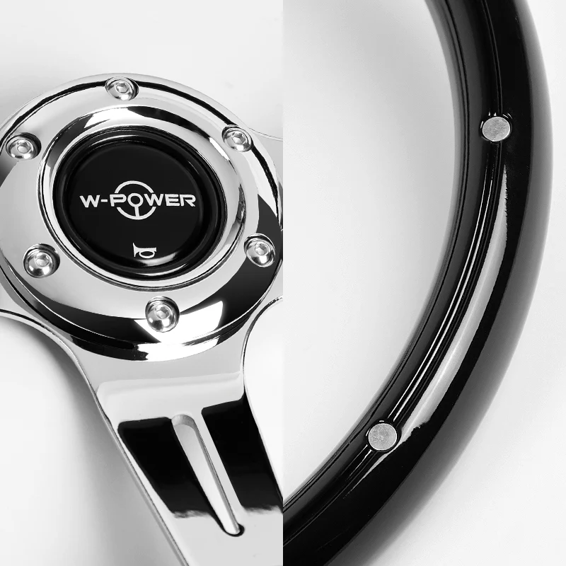 W-Power 14" 355mm 6-Bolt Hole Classic Style Galaxy Black Wood Grain Grip With Aluminum Finished 3-Spoke Steering Wheel -Chrome Center Spoke - Image 4