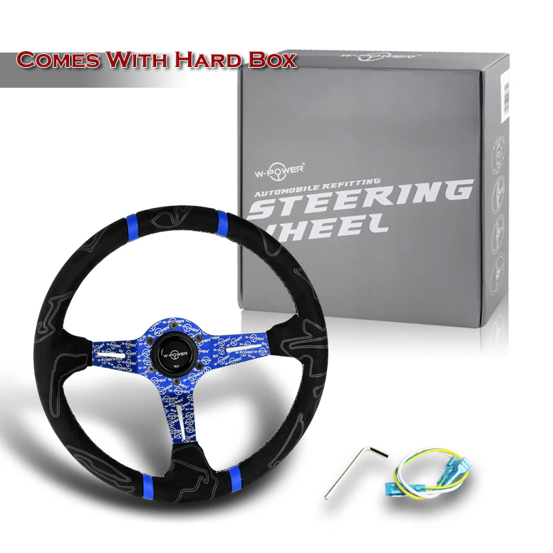 W-Power 350mm 14" Black Alcantara Grip Blue Anodized 3-Spoke Double Blue Center Stripes 4" Deep Dish Ultra Street Steering Wheel - Image 3