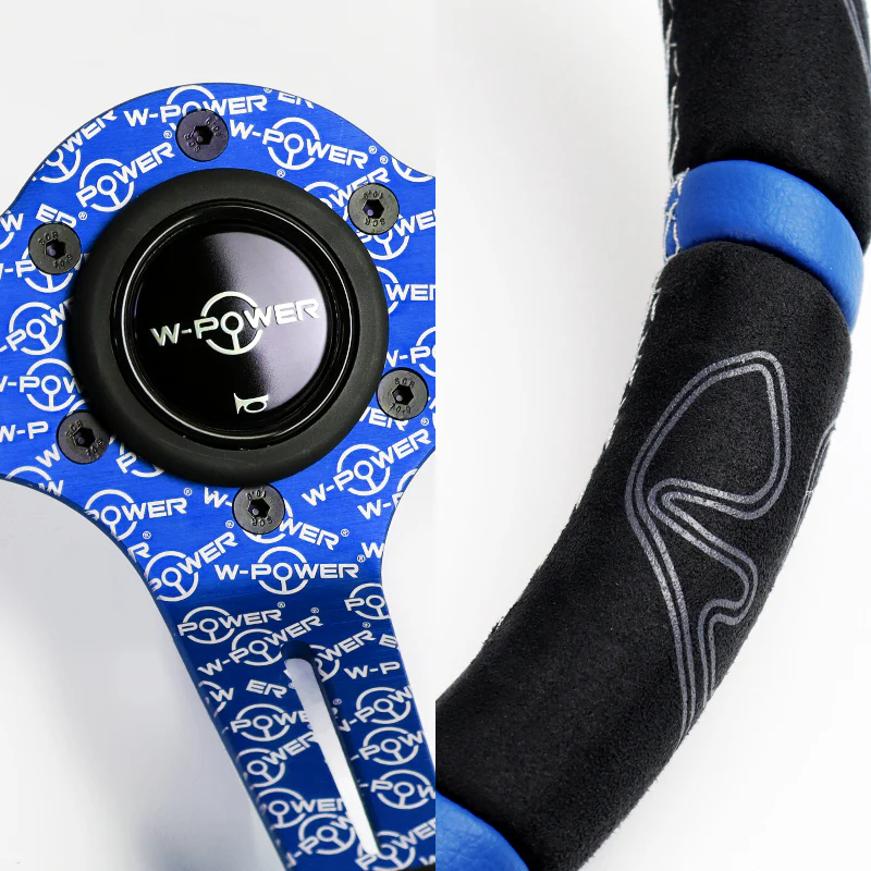 W-Power 350mm 14" Black Alcantara Grip Blue Anodized 3-Spoke Double Blue Center Stripes 4" Deep Dish Ultra Street Steering Wheel - Image 4