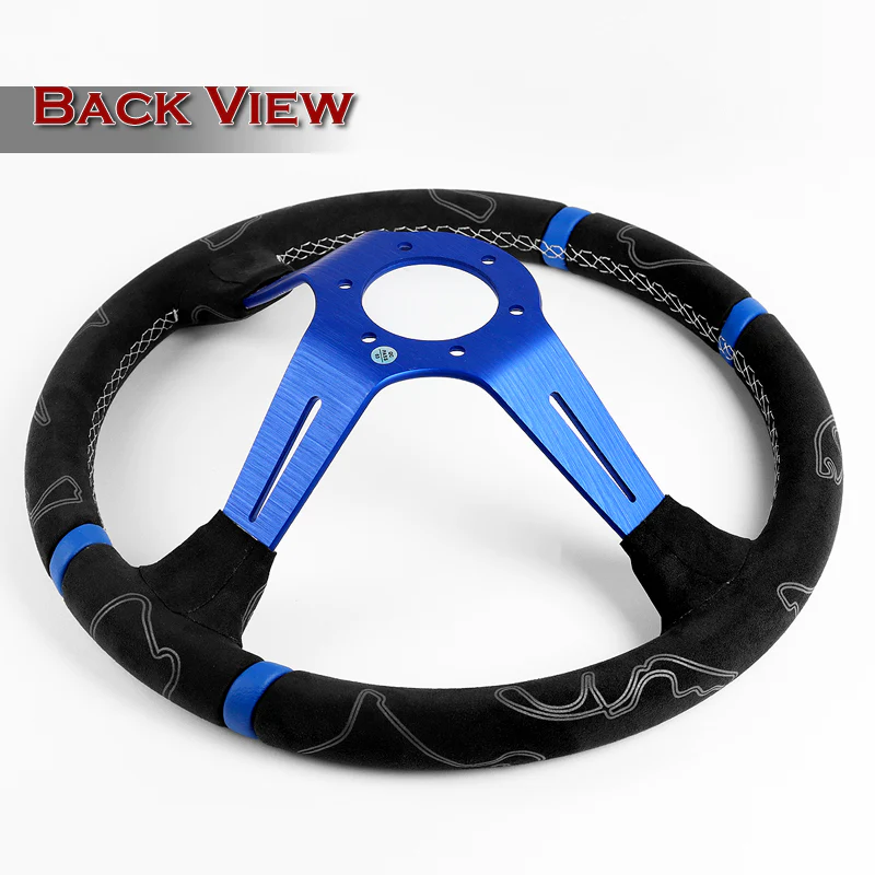 W-Power 350mm 14" Black Alcantara Grip Blue Anodized 3-Spoke Double Blue Center Stripes 4" Deep Dish Ultra Street Steering Wheel - Image 5