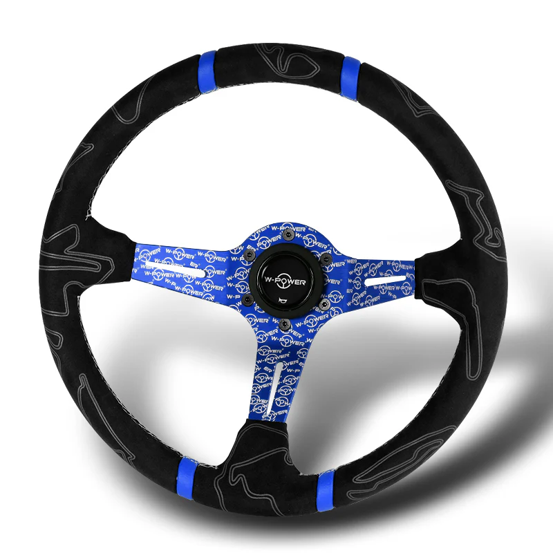 W-Power 350mm 14" Black Alcantara Grip Blue Anodized 3-Spoke Double Blue Center Stripes 4" Deep Dish Ultra Street Steering Wheel - Image 6
