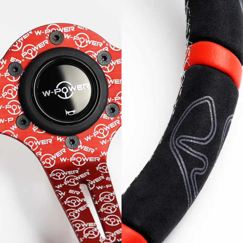 W-Power 350mm 14" Black Alcantara Grip Red Anodized 3-Spoke Double Red Center Stripes 4" Deep Dish Ultra Street Steering Wheel - Image 3